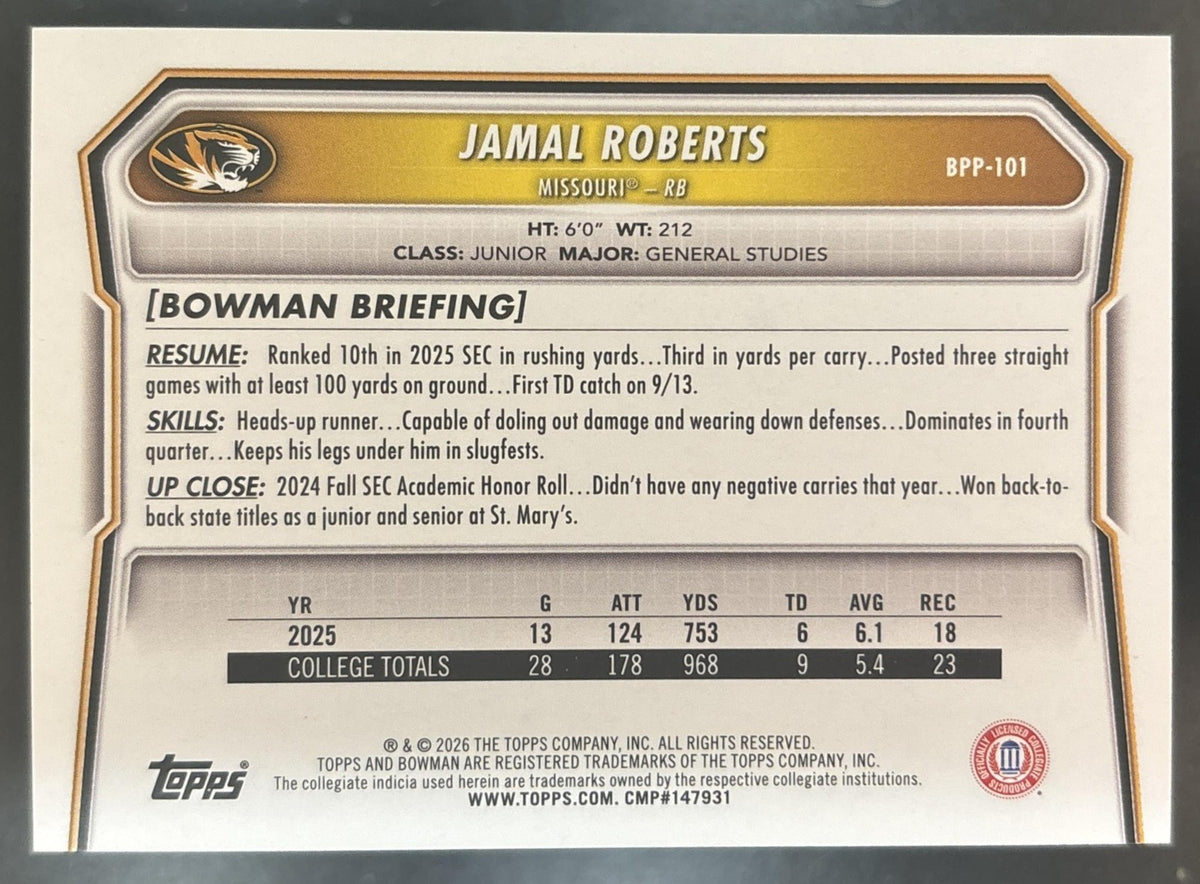 2026 Bowman Jamal Roberts Paper Pink /250 #BPP-101 1st Prospect Missouri Tigers