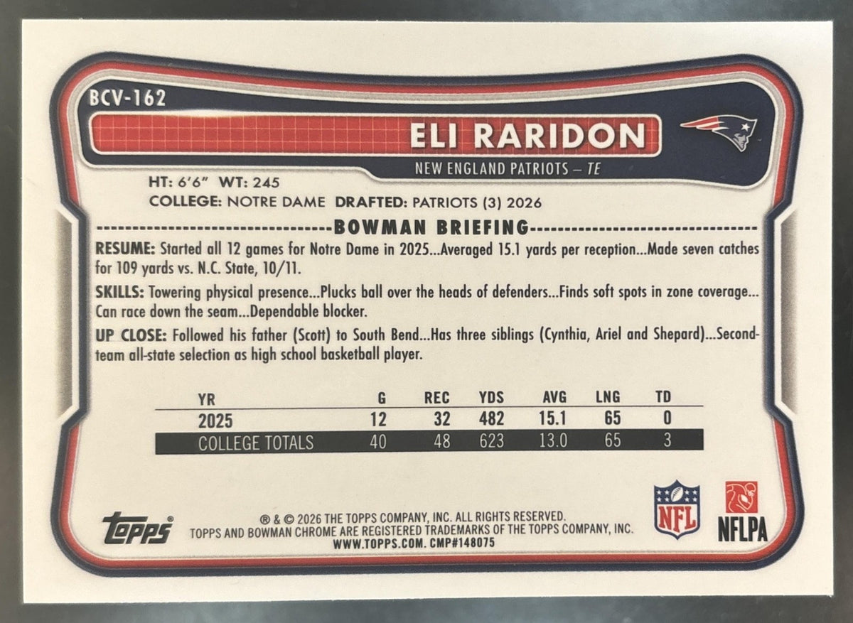 2026 Bowman Eli Raridon Chrome NFL Pink /250 #BCV-162 RC New England Patriots