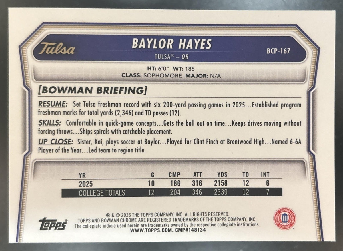 2026 Bowman Baylor Hayes Chrome Purple Mojo /75 #BCP-167 1st Prospect Tulsa