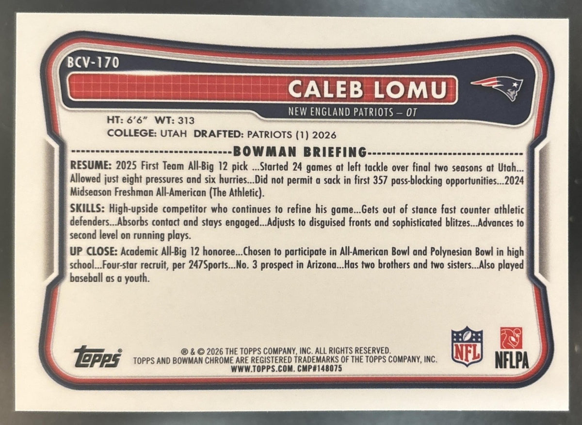 2026 Bowman Caleb Lomu Chrome NFL Fuschia /299 #BCV-170 RC New England Patriots