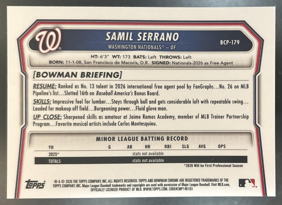 2026 Bowman Chrome Mega Box Samil Serrano Aqua Mojo /125 #BCP-179 1st Prospect