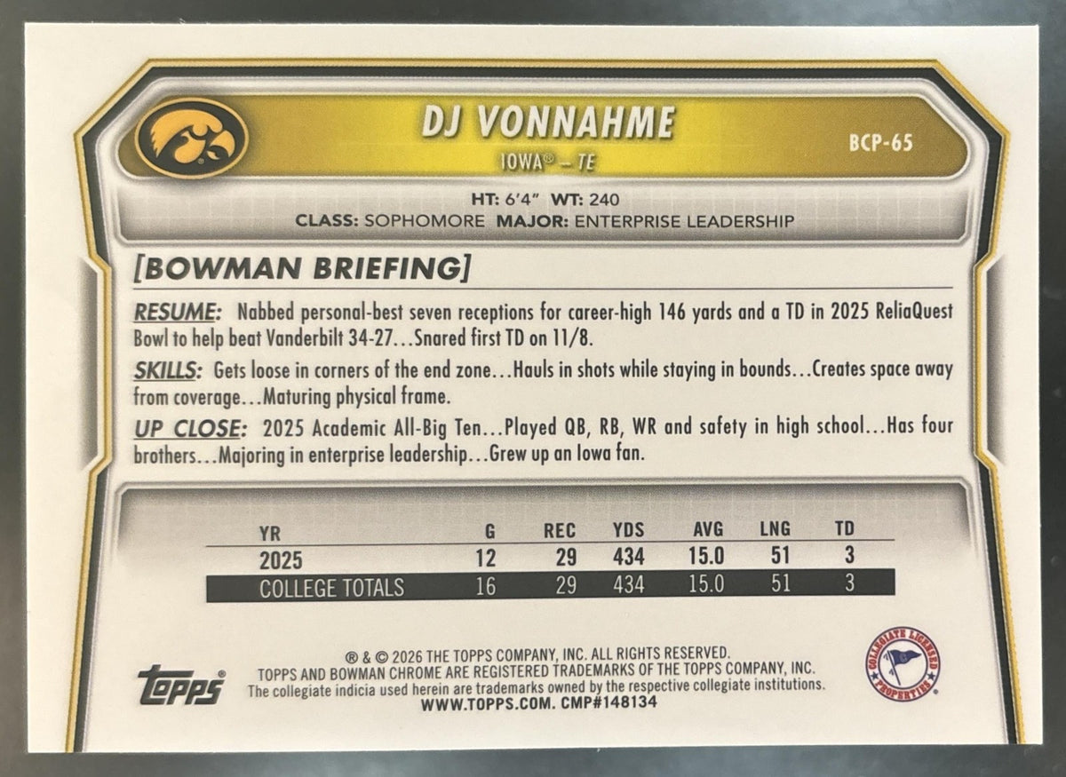 2026 Bowman DJ Vonnahme Chrome Fuschia /299 #BCP-65 1st Prospect Iowa Hawkeyes