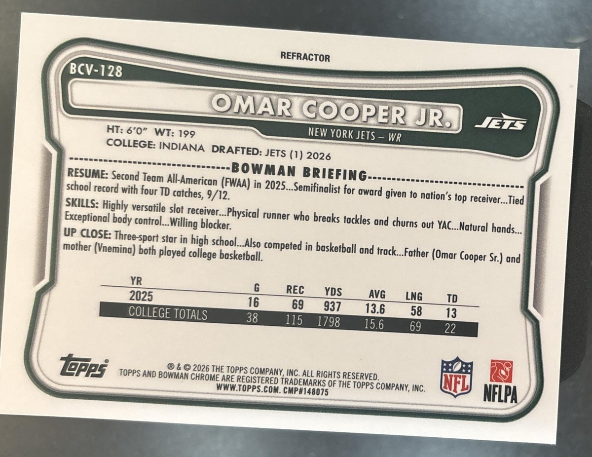 2026 Bowman Omar Cooper Jr. Chrome NFL Refractor /499 #BCV-128 RC New York Jets