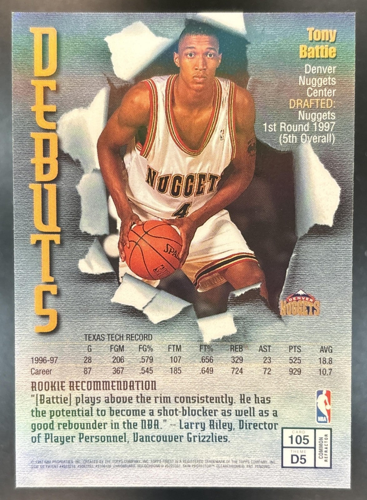 1997-98 Topps Finest Tony Battie Refractor #105 RC Bronze Denver Nuggets