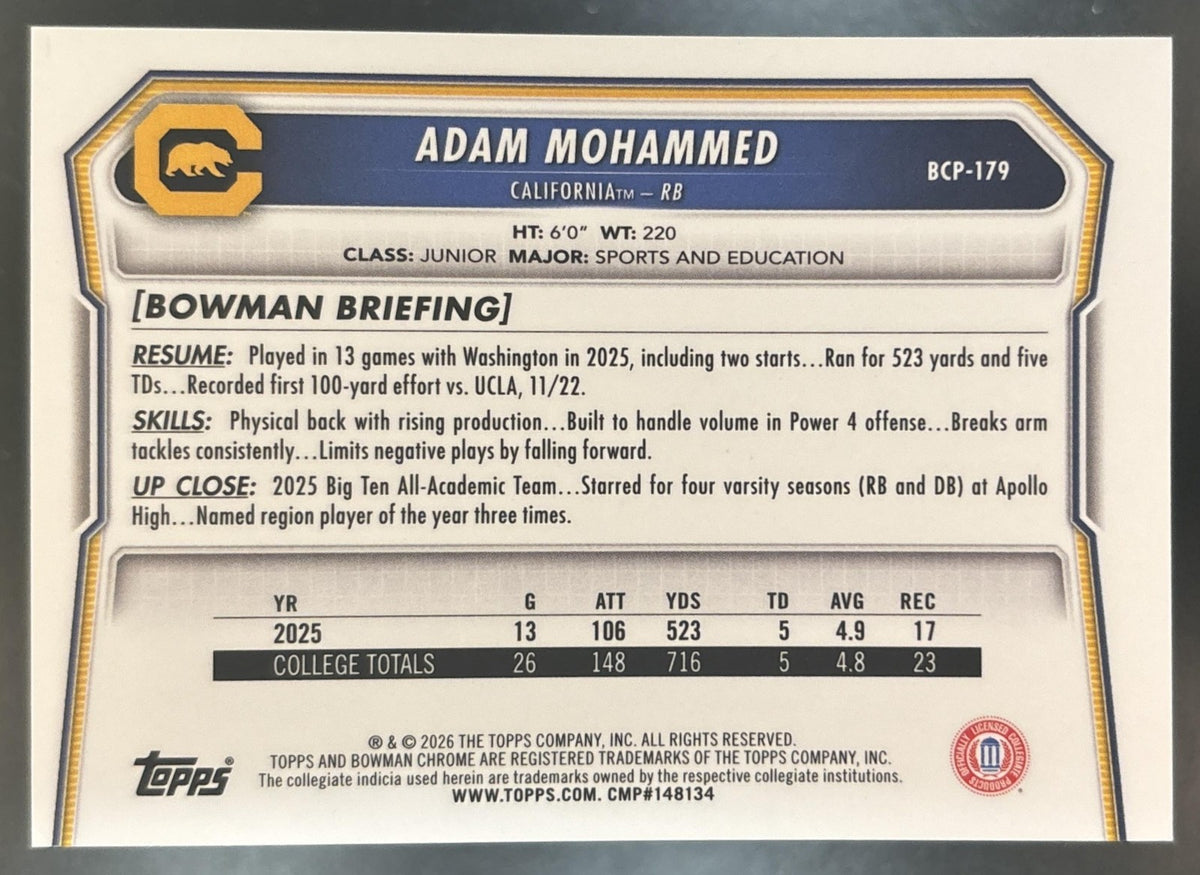 2026 Bowman Adam Mohammed Chrome Green Reptilian /99 #BCP-179 1st Prospect Bears