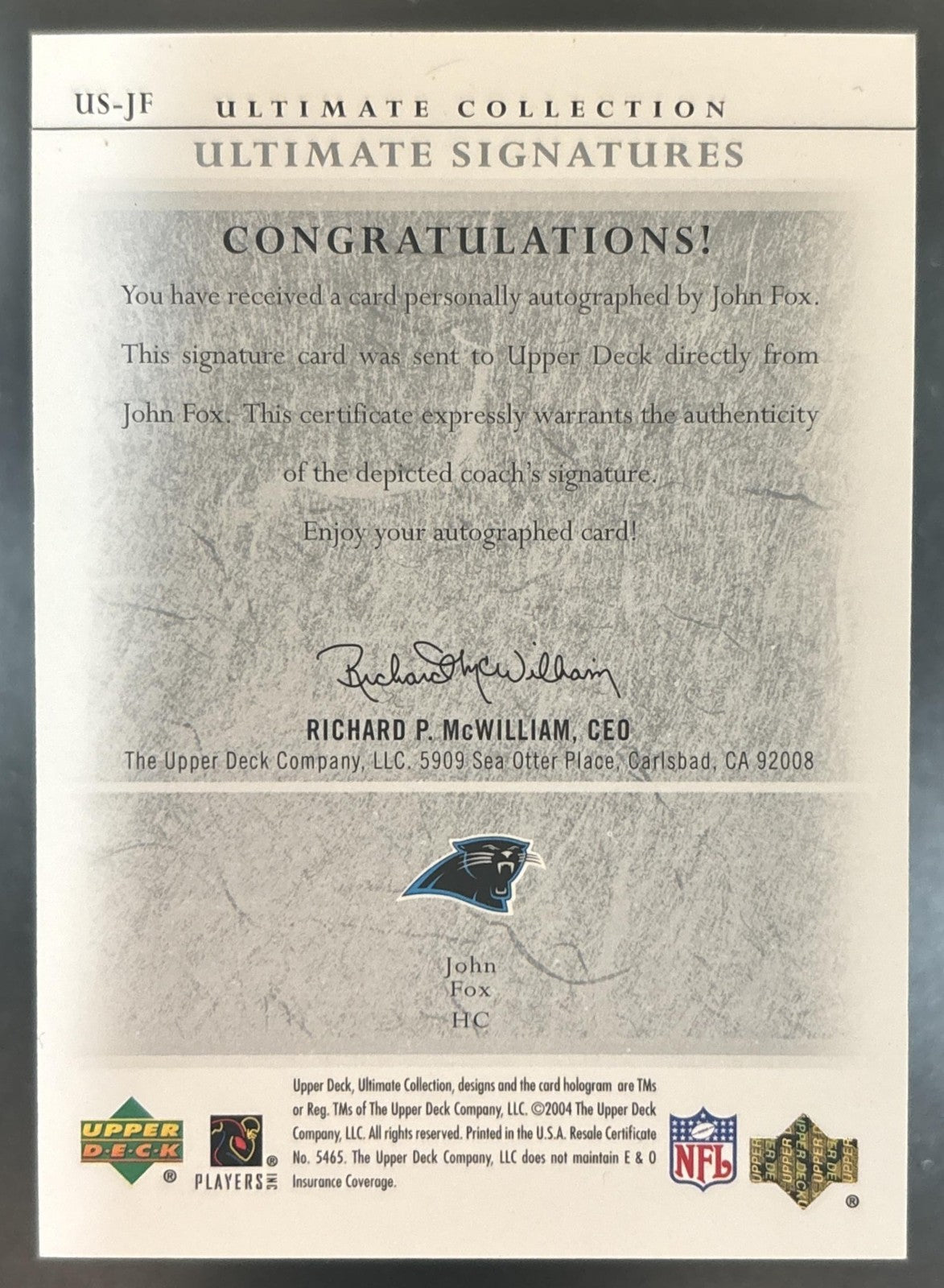 2004 Upper Deck Ultimate Collection John Fox Signatures /100 Auto Panthers