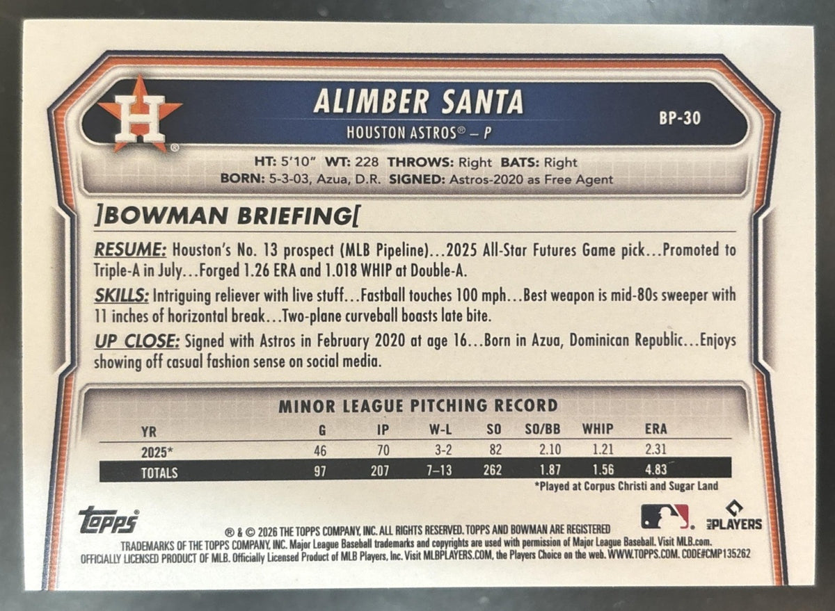 2026 Bowman Alimber Santa Neon Green Border /399 #BP-30 1st Prospect Astros