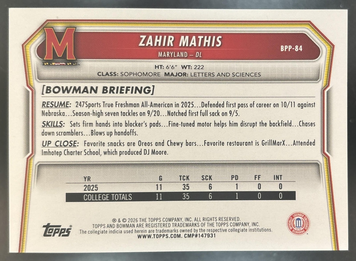 2026 Bowman Zahir Mathis Paper Pink /250 #BPP-84 1st Prospect Maryland Terrapins