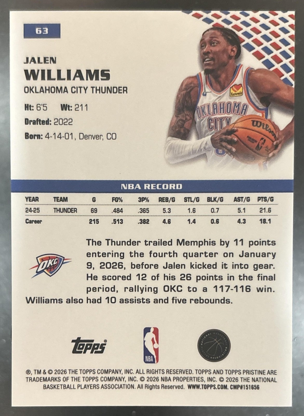 2025-26 Topps Pristine Jalen Williams Red Refractor /5 #63 Oklahoma City Thunder