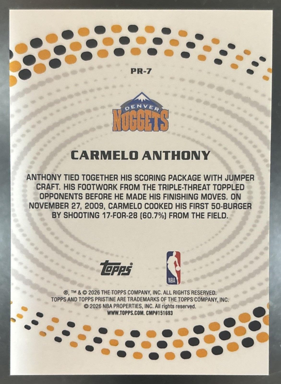 2025-26 Topps Pristine Carmelo Anthony Precisionaries Gold /50 Denver Nuggets