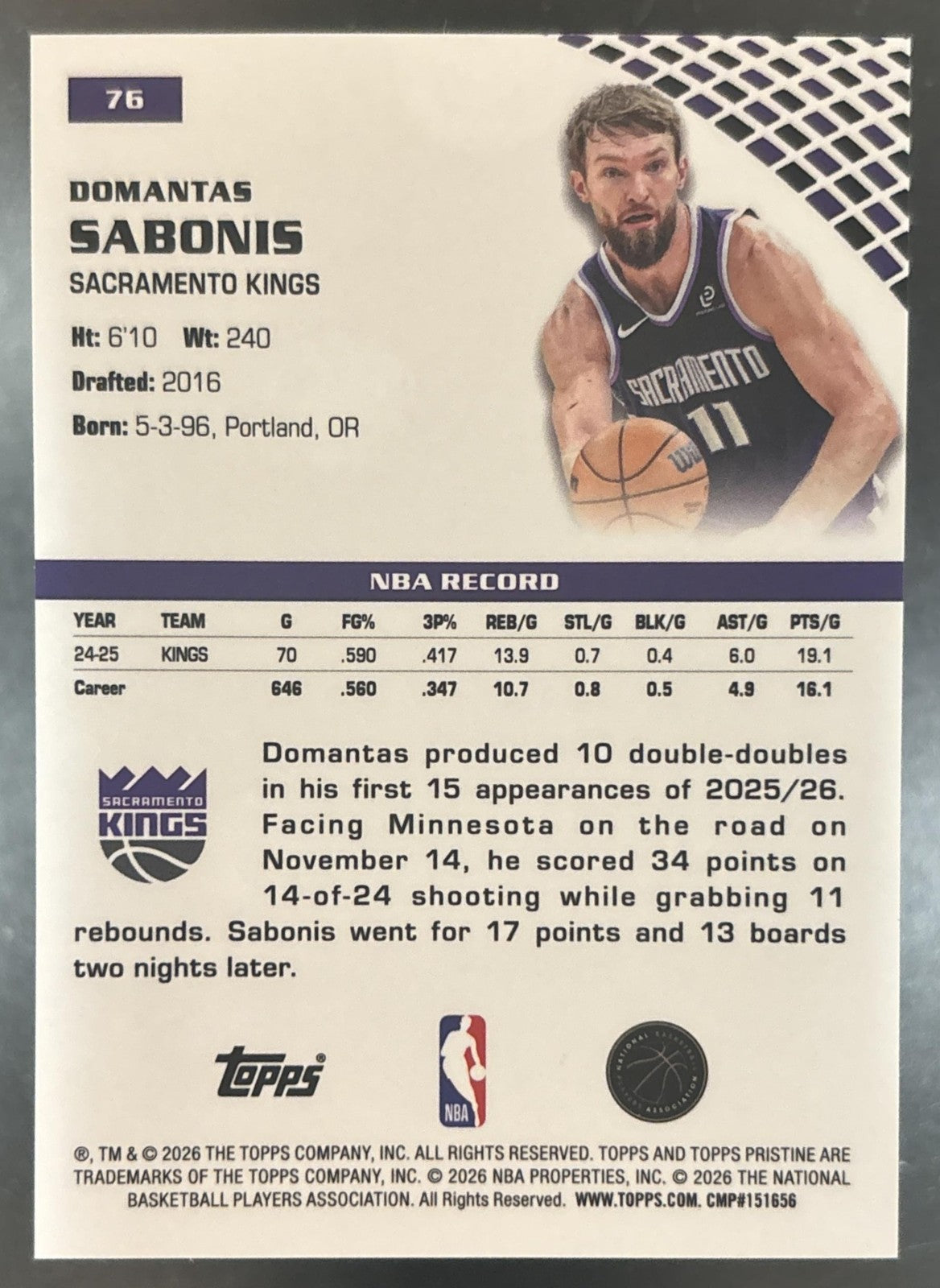 2025-26 Topps Pristine Domantas Sabonis Primaries Refractor 10/10 #76 Sacramento
