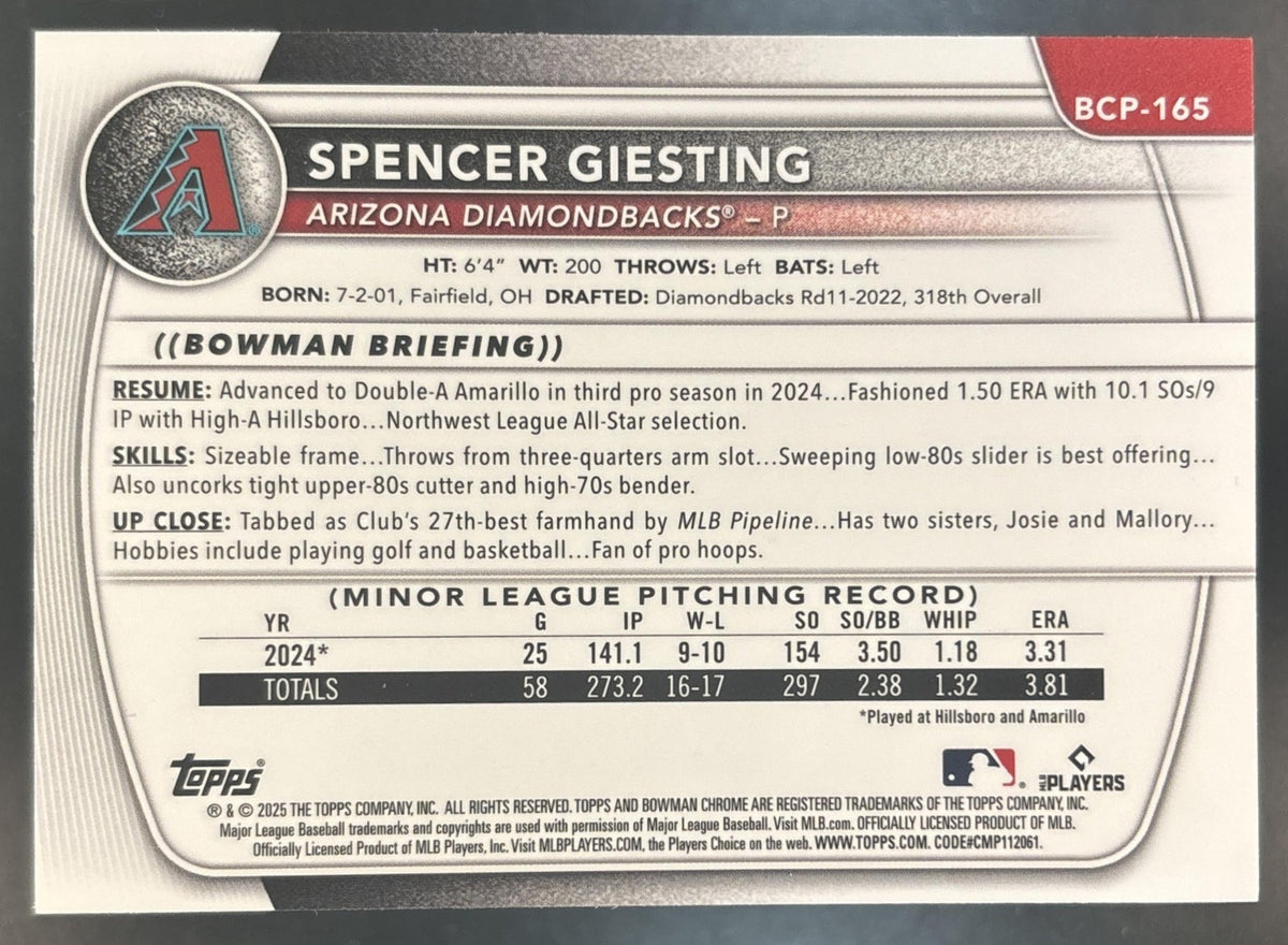 2025 Bowman Chrome Spencer Giesting Blue /150 #BCP-165 1st Prospect Diamondbacks