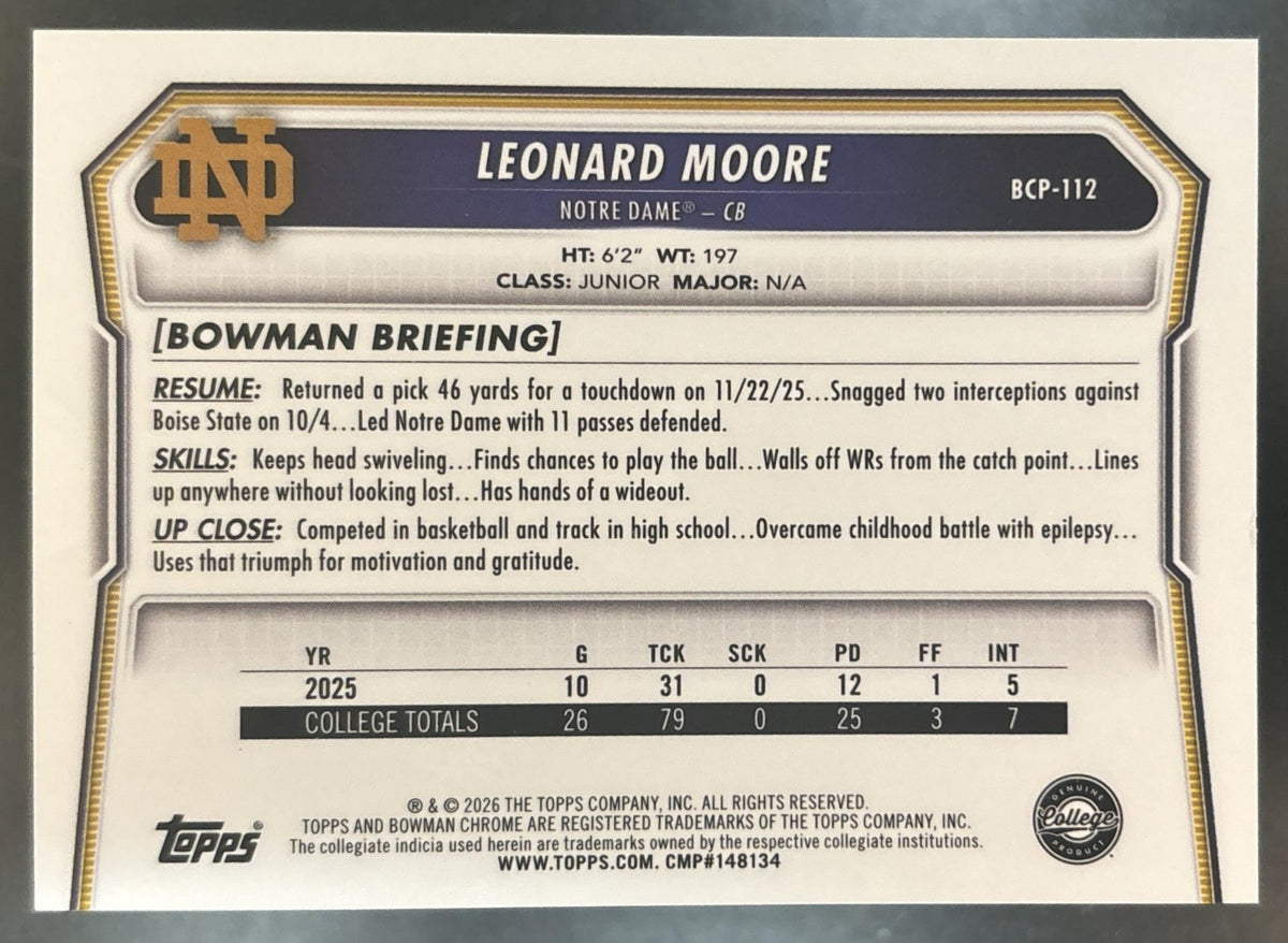 2026 Bowman Leonard Moore Chrome Blue Reptilian /150 #BCP-112 1st Prospect