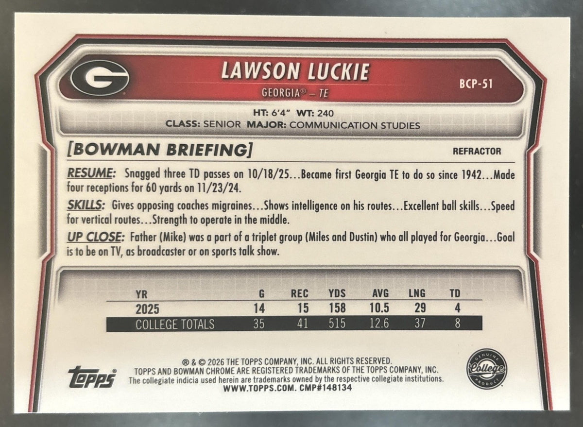2026 Bowman Lawson Luckie Chrome Refractor /499 #BCP-51 1st Prospect Bulldogs