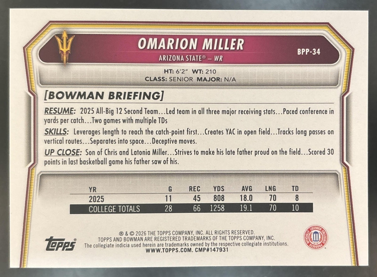 2026 Bowman Omarion Miller Paper Aqua /199 #BPP-34 1st Prospect Sun Devils