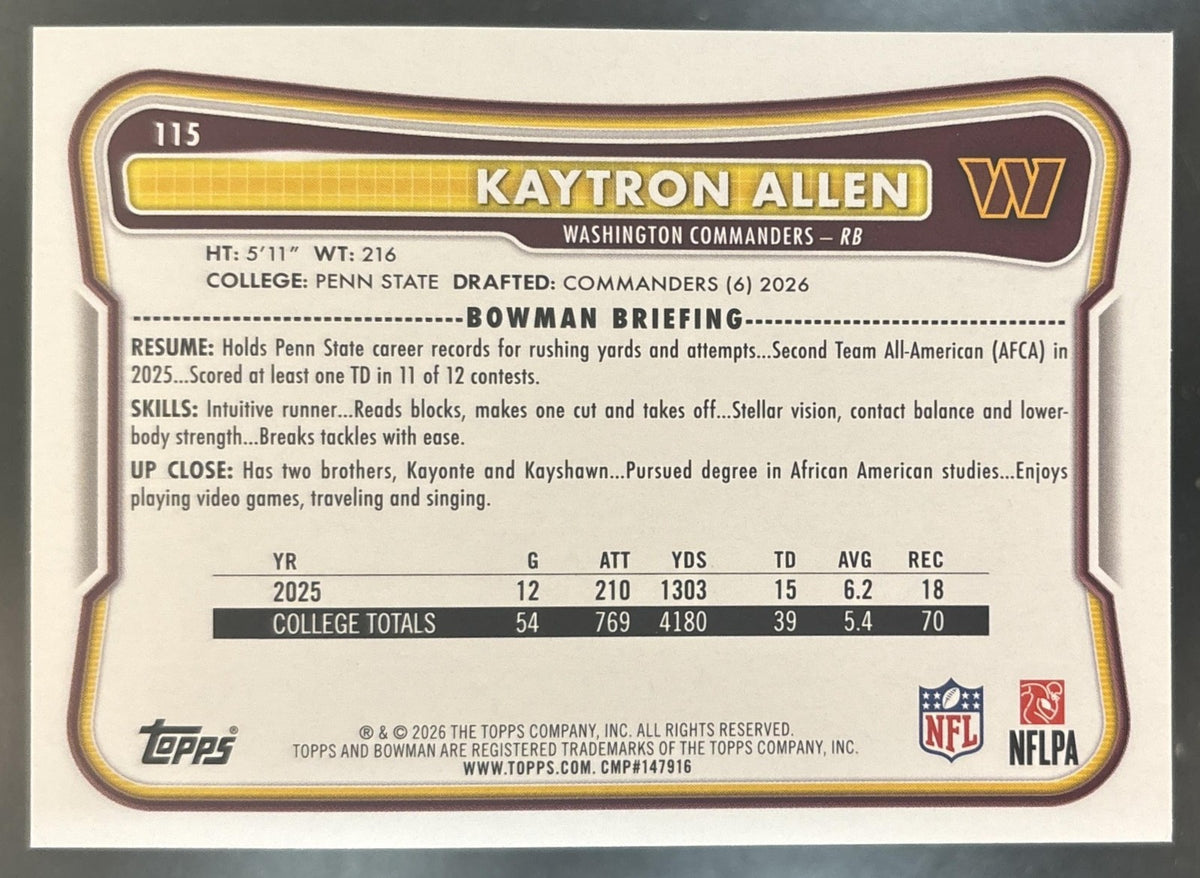 2026 Bowman Kaytron Allen NFL Pink /250 #115 RC Washington Commanders