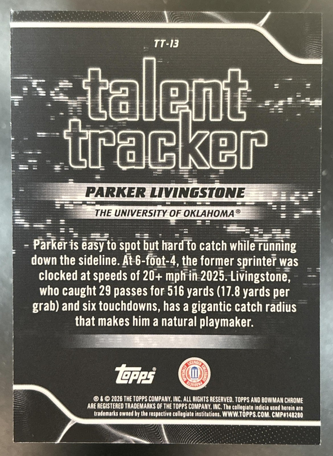 2026 Bowman Parker Livingstone Talent Tracker Chrome Green /99 Oklahoma Sooners