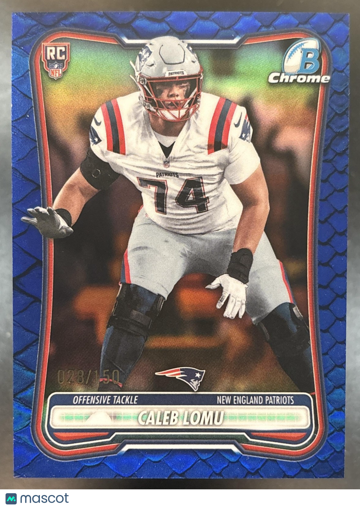 2026 Bowman Caleb Lomu Chrome NFL Blue Reptilian /150 #BCV-170 RC Patriots