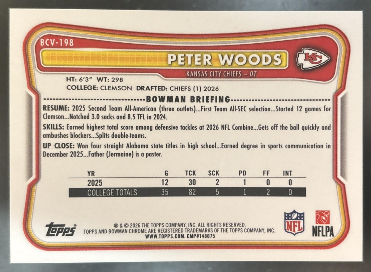 2026 Bowman Peter Woods Chrome NFL Blue Reptilian /150 #BCV-198 RC City Chiefs