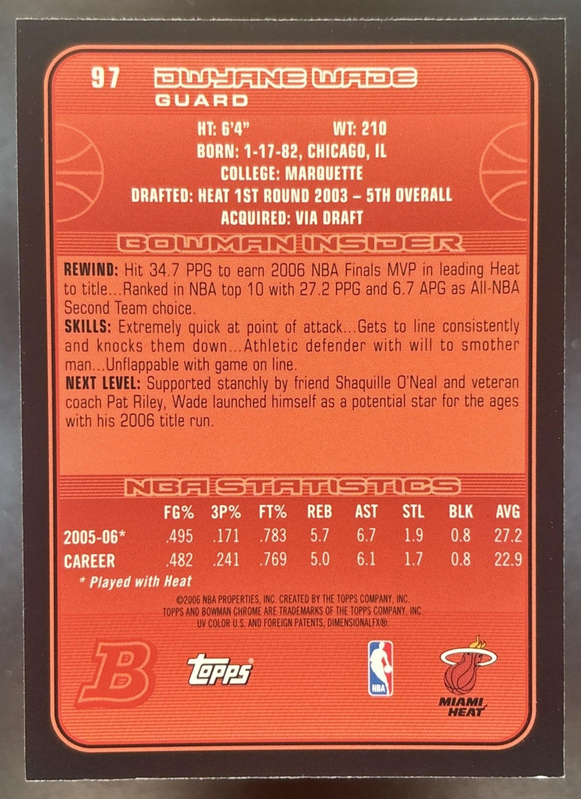 2006-07 Bowman Chrome Dwyane Wade #97 Miami Heat