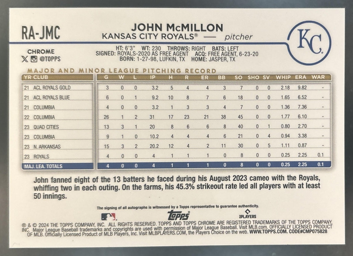 2024 Topps Chrome John McMillon Auto Blue Ray Wave /150 RC Kansas City Royals
