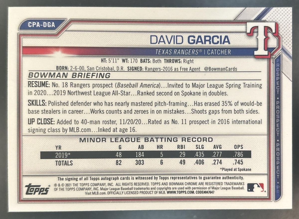 2021 Bowman Chrome David Garcia Auto #CPA-DGA 1st Prospect Texas Rangers