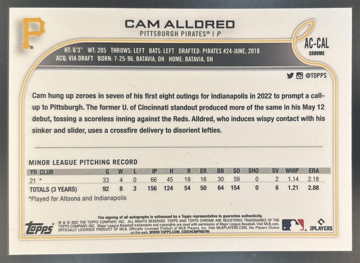 2022 Topps Chrome Update Cam Alldred Auto #AC-CAL Pittsburgh Pirates