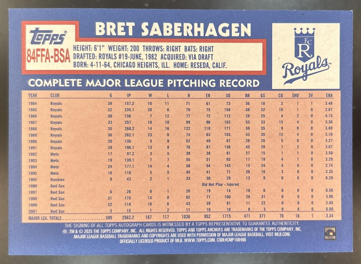 2025 Topps Archives Bret Saberhagen 1984 Fan Favorites Auto Kansas City Royals