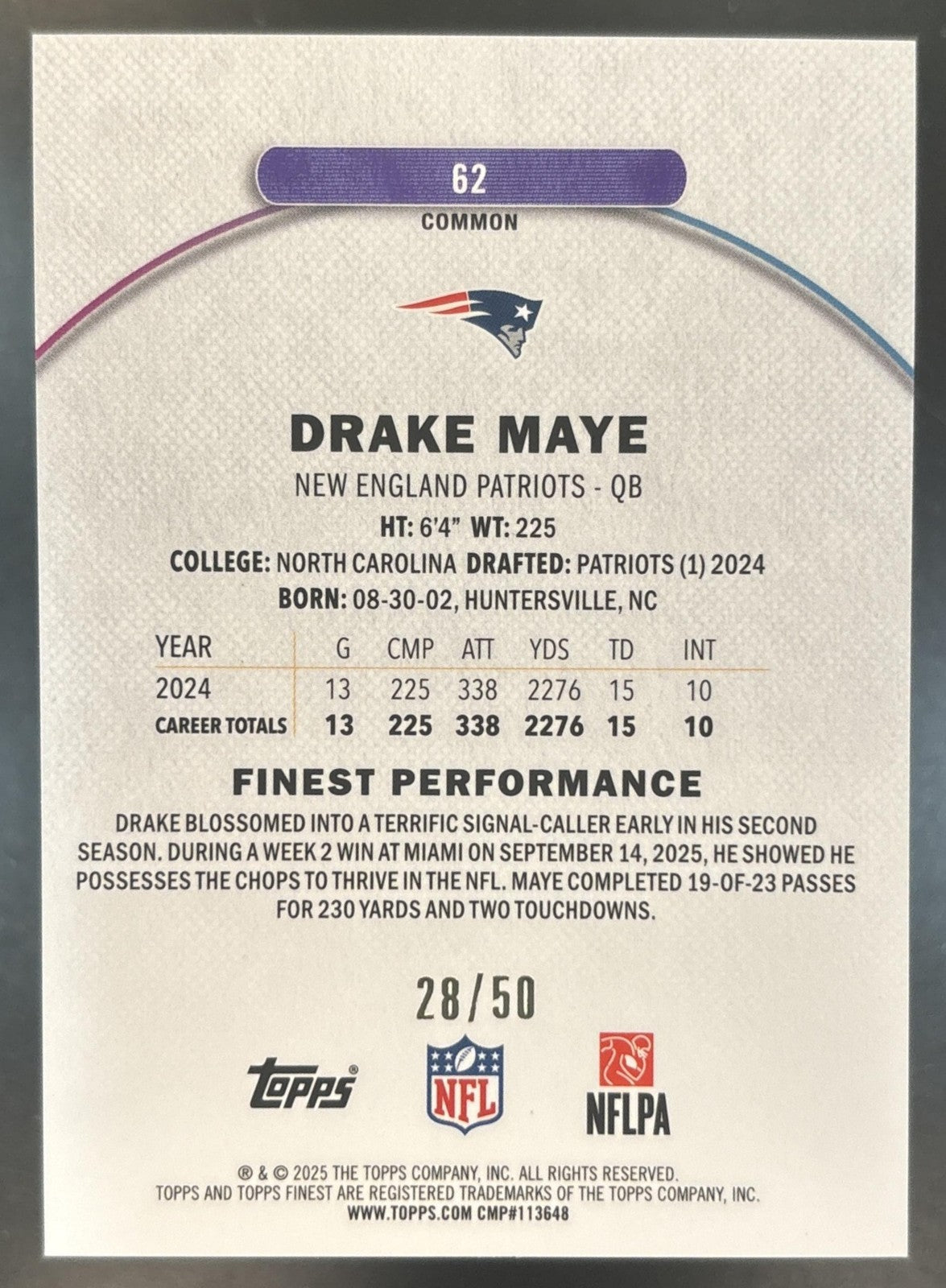 2025 Topps Finest Drake Maye Gold Refractor /50 #62 New England Patriots