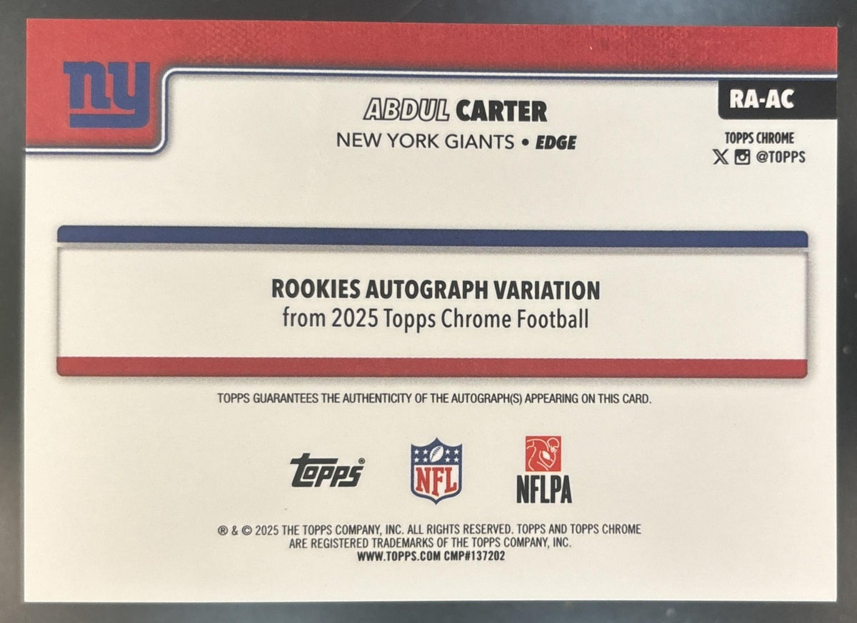 2025 Topps Chrome Abdul Carter Rookie Auto Purple Lava /75 RC New York Giants