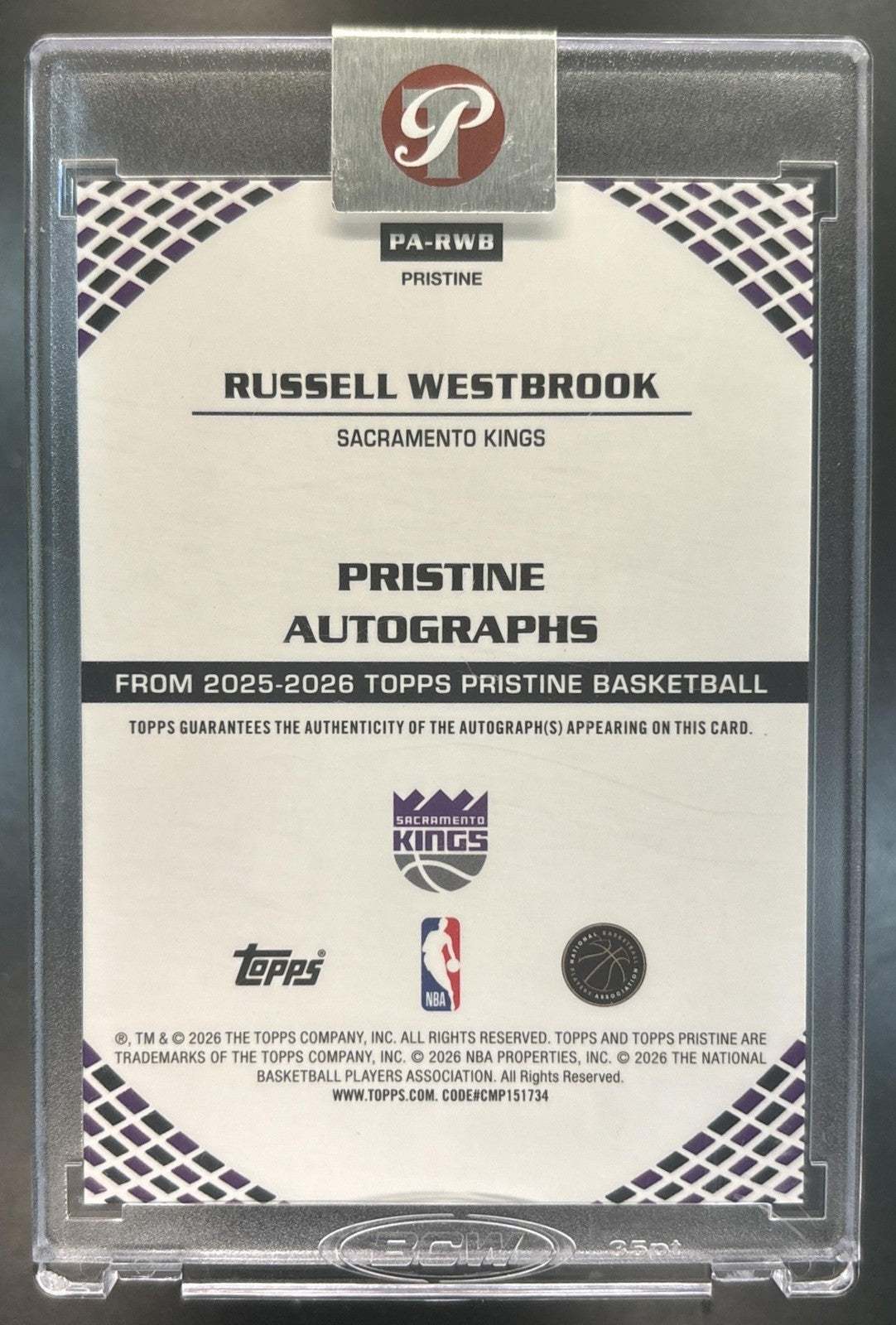 2025-26 Topps Pristine Russell Westbrook Auto Purple /99 Sacramento Kings