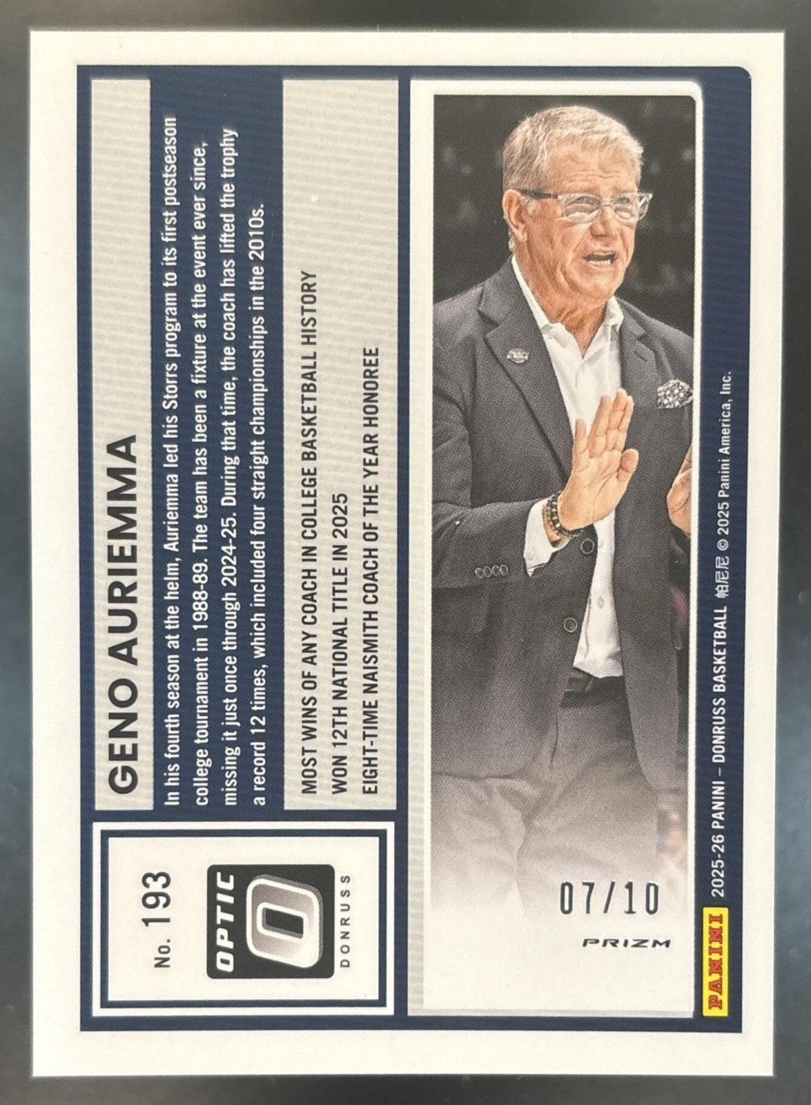 2025-26 Panini Donruss Optic Geno Auriemma Gold /10 #193 UConn Huskies