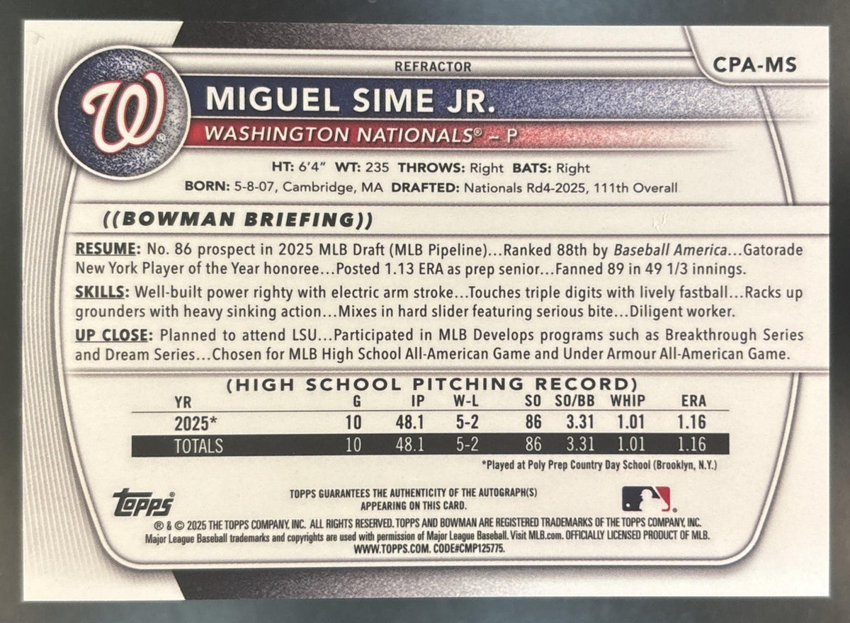 2025 Bowman Draft Miguel Sime Jr. Chrome Auto Refractor /499 1st Prospect