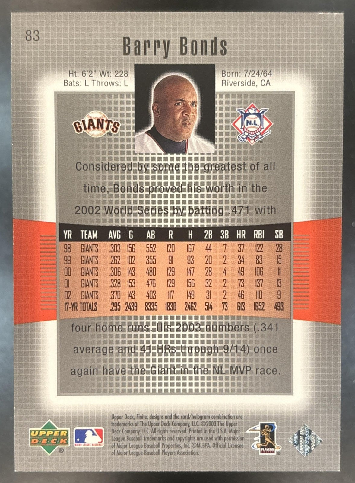 2003 Upper Deck Finite Barry Bonds /1999 #83 San Francisco Giants