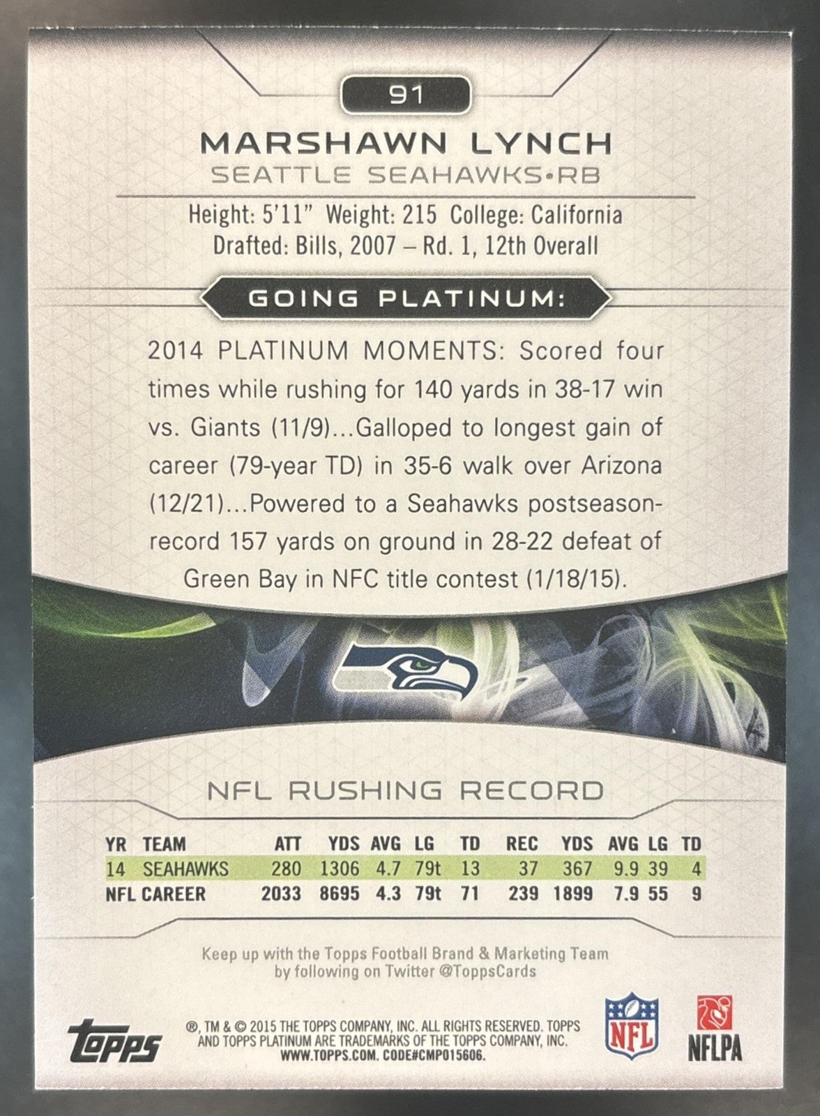 2015 Topps Platinum Marshawn Lynch #91 Seattle Seahawks