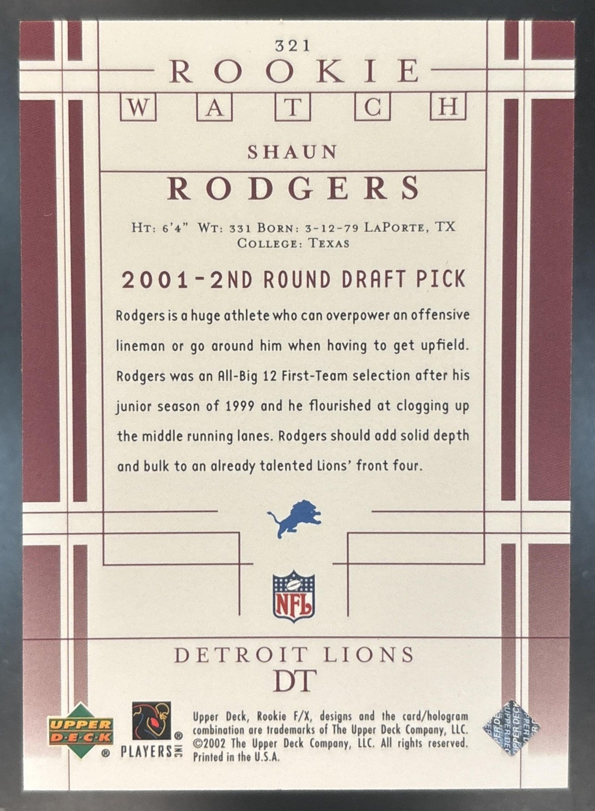 2001 Upper Deck Rookie F/X Shaun Rogers /750 #321a RC Detroit Lions