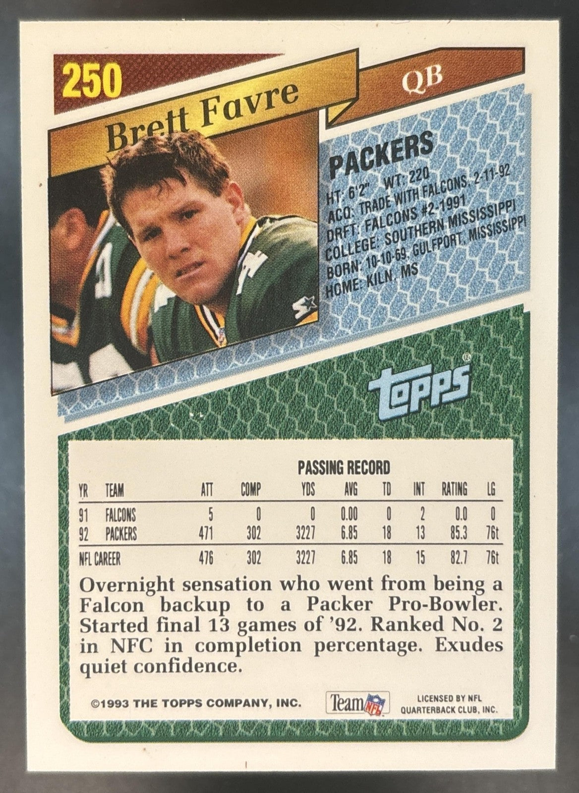 1993 Topps Brett Favre Gold #250 Green Bay Packers