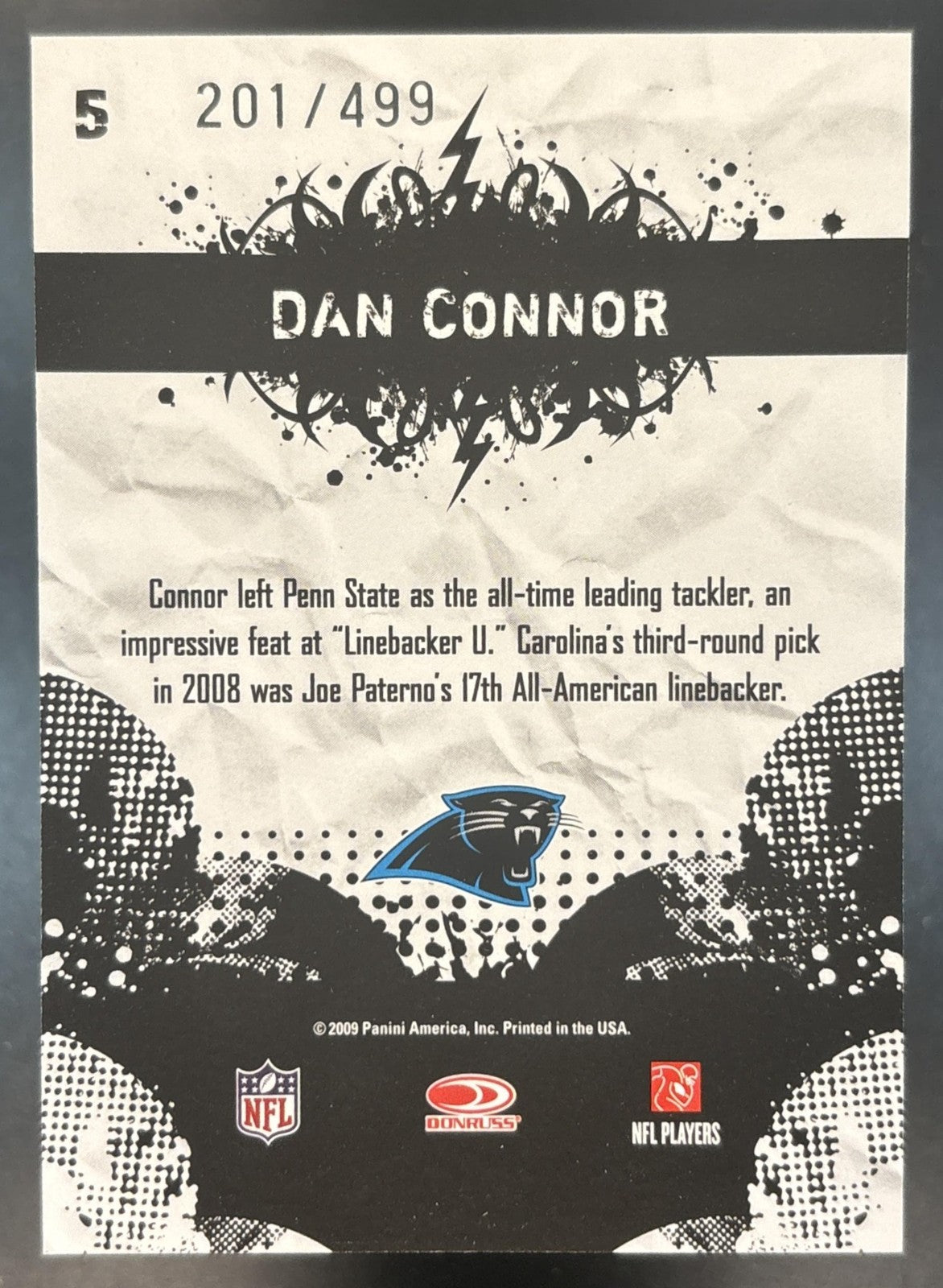 2009 Panini Score Dan Connor Young Stars Scorecard /499 #5 Carolina Panthers