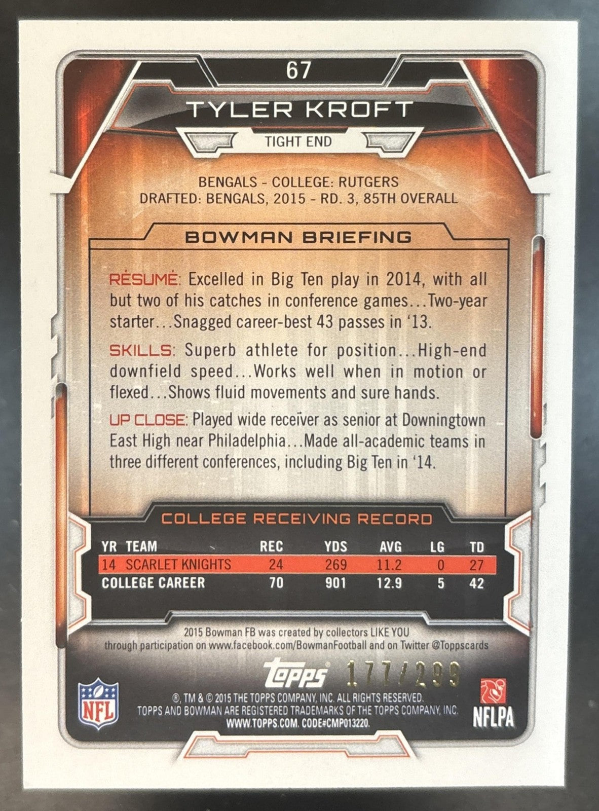 2015 Bowman Tyler Kroft Rookies Orange /299 #67 RC Cincinnati Bengals