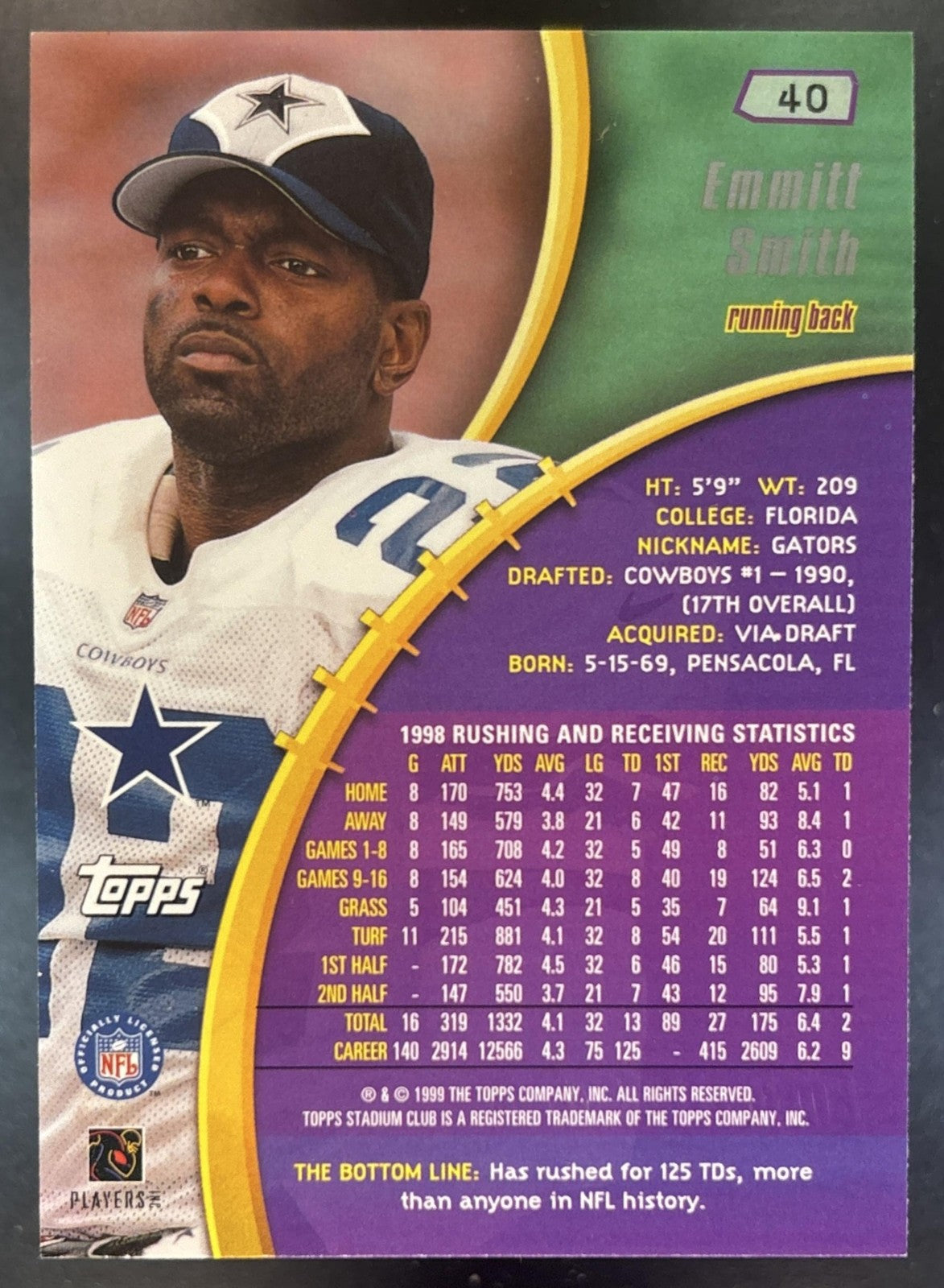 1999 Topps Stadium Club Emmitt Smith #40 Dallas Cowboys
