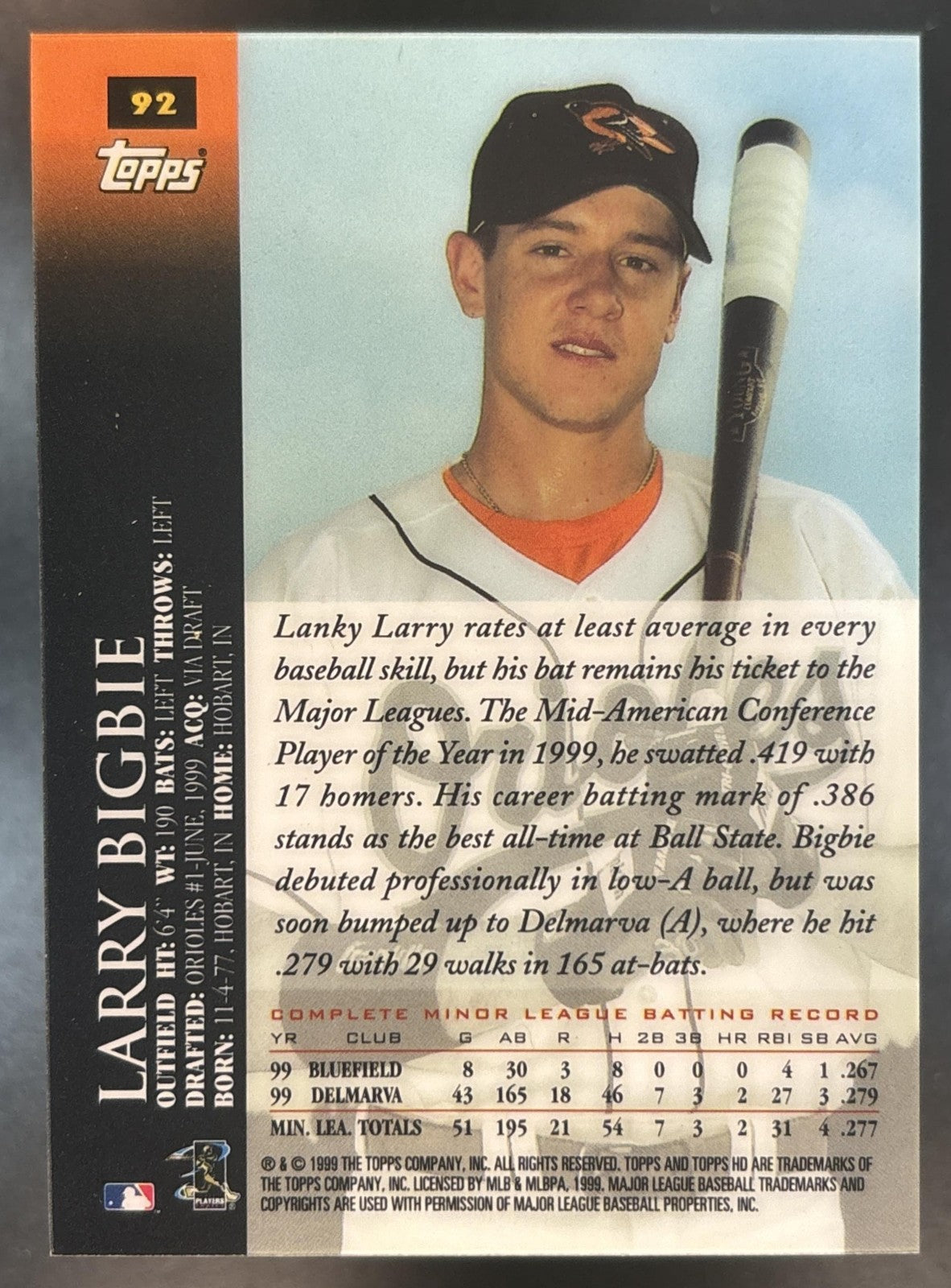 2000 Topps HD Larry Bigbie #92 RC Baltimore Orioles