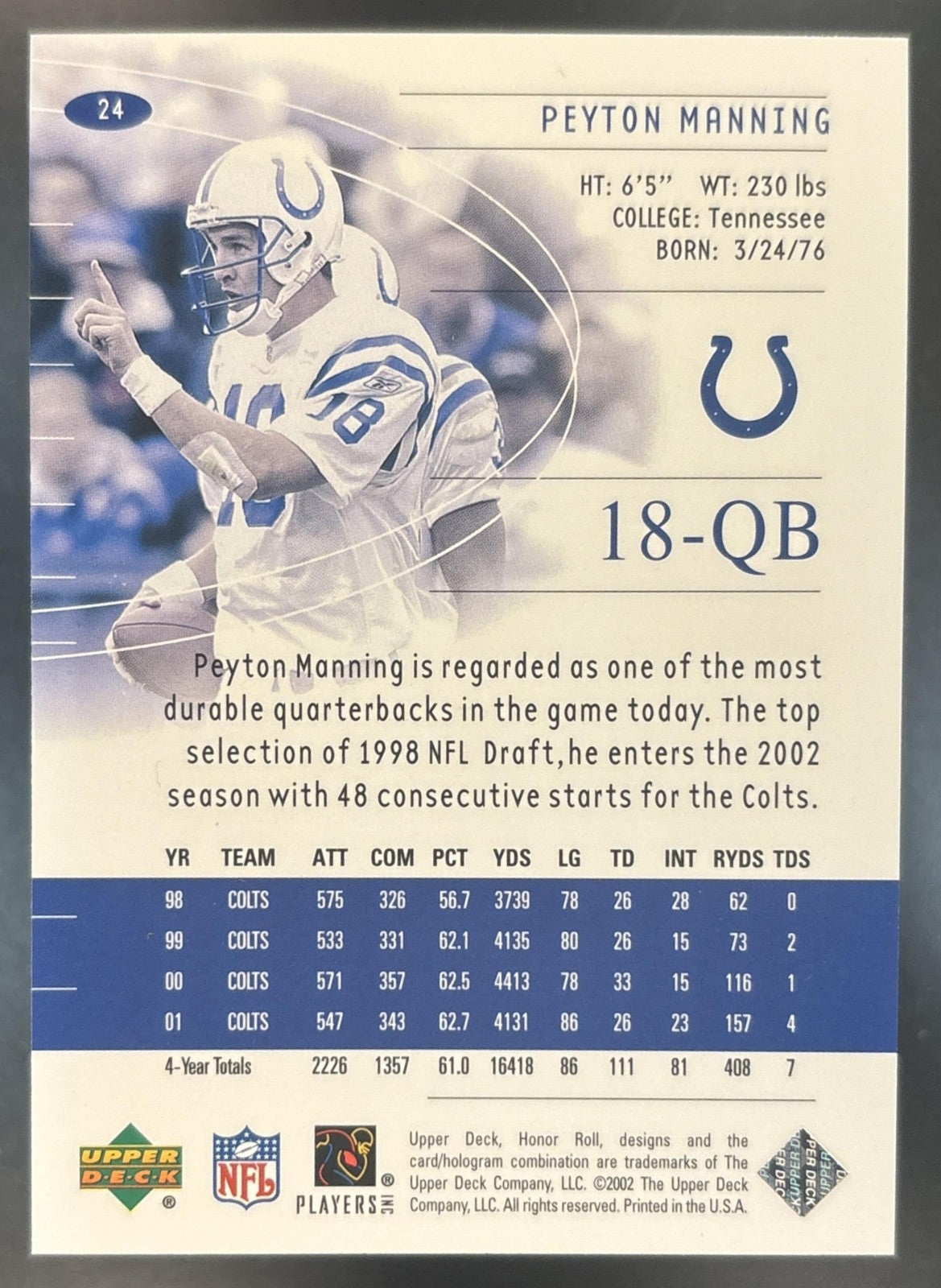 2002 Upper Deck Honor Roll Peyton Manning #24 Indianapolis Colts