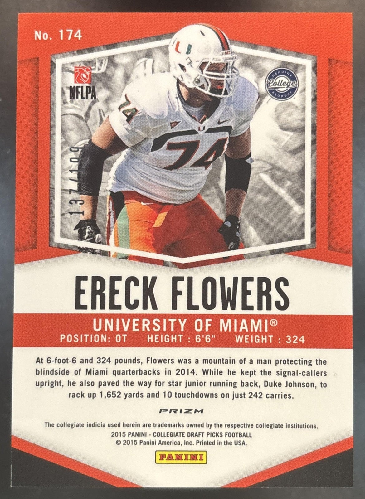 2015 Panini Prizm Collegiate Draft Picks Ereck Flowers Camo /199 #174 RC