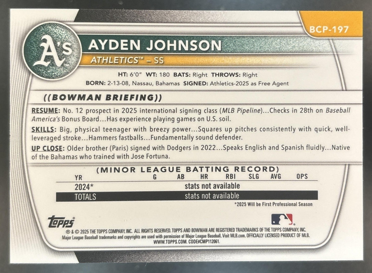 2025 Bowman Chrome Ayden Johnson Purple Wave /250 #BCP-197 1st Prospect