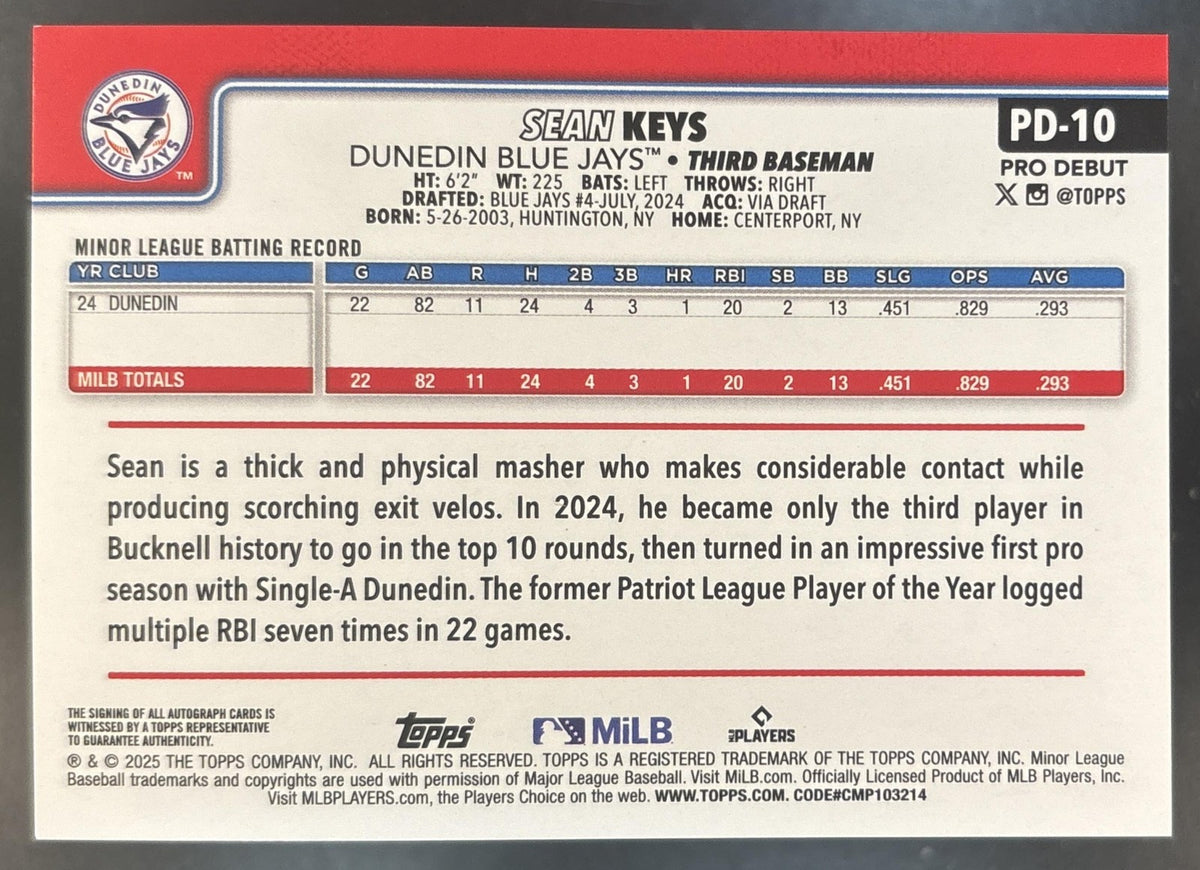 2025 Topps Pro Debut Sean Keys Auto Dunedin Blue Jays