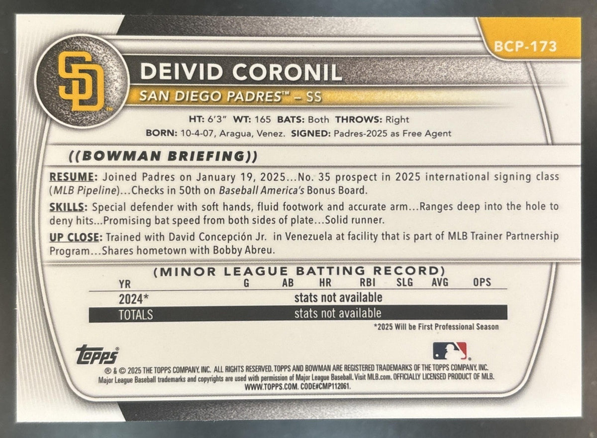 2025 Bowman Chrome Deivid Coronil Purple Shimmer /250 #BCP-173 1st Prospect