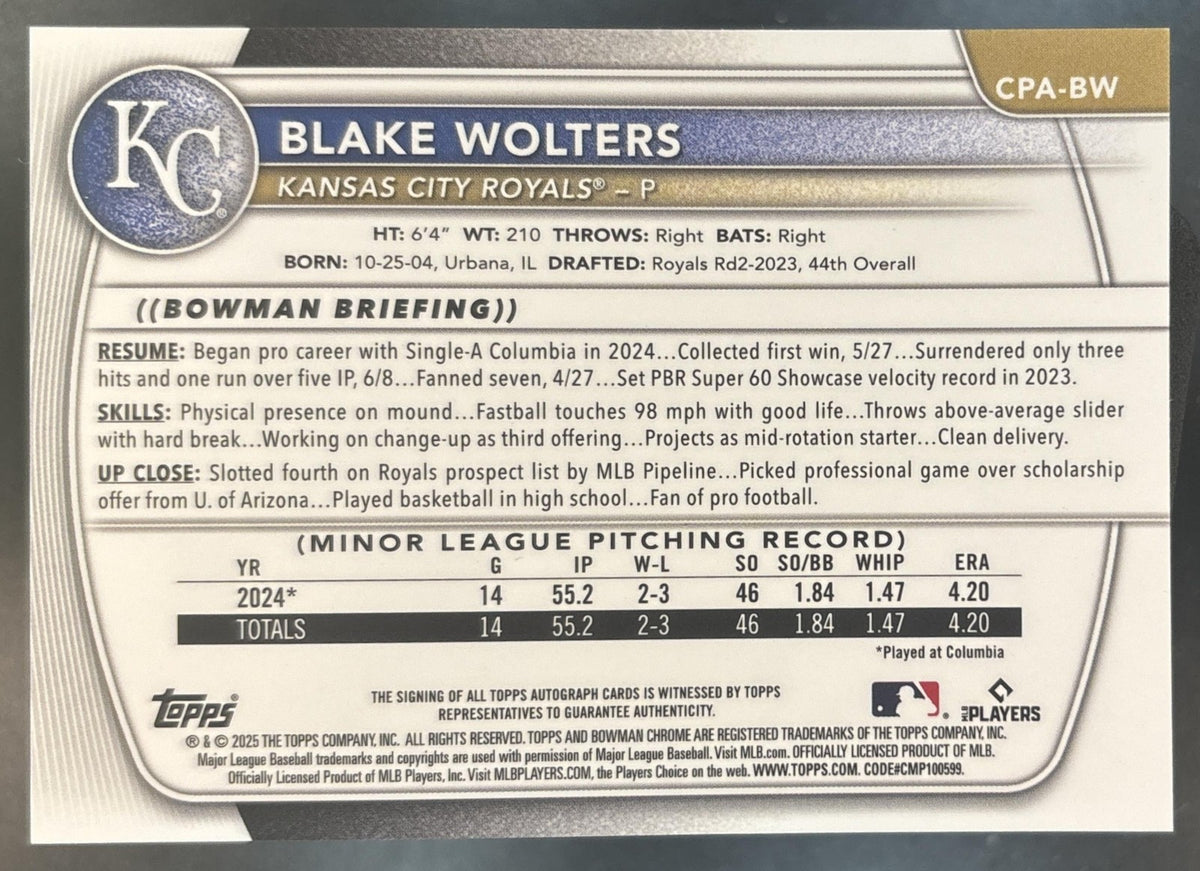 2025 Bowman Chrome Blake Wolters Prospect Auto #CPA-BW Kansas City Royals