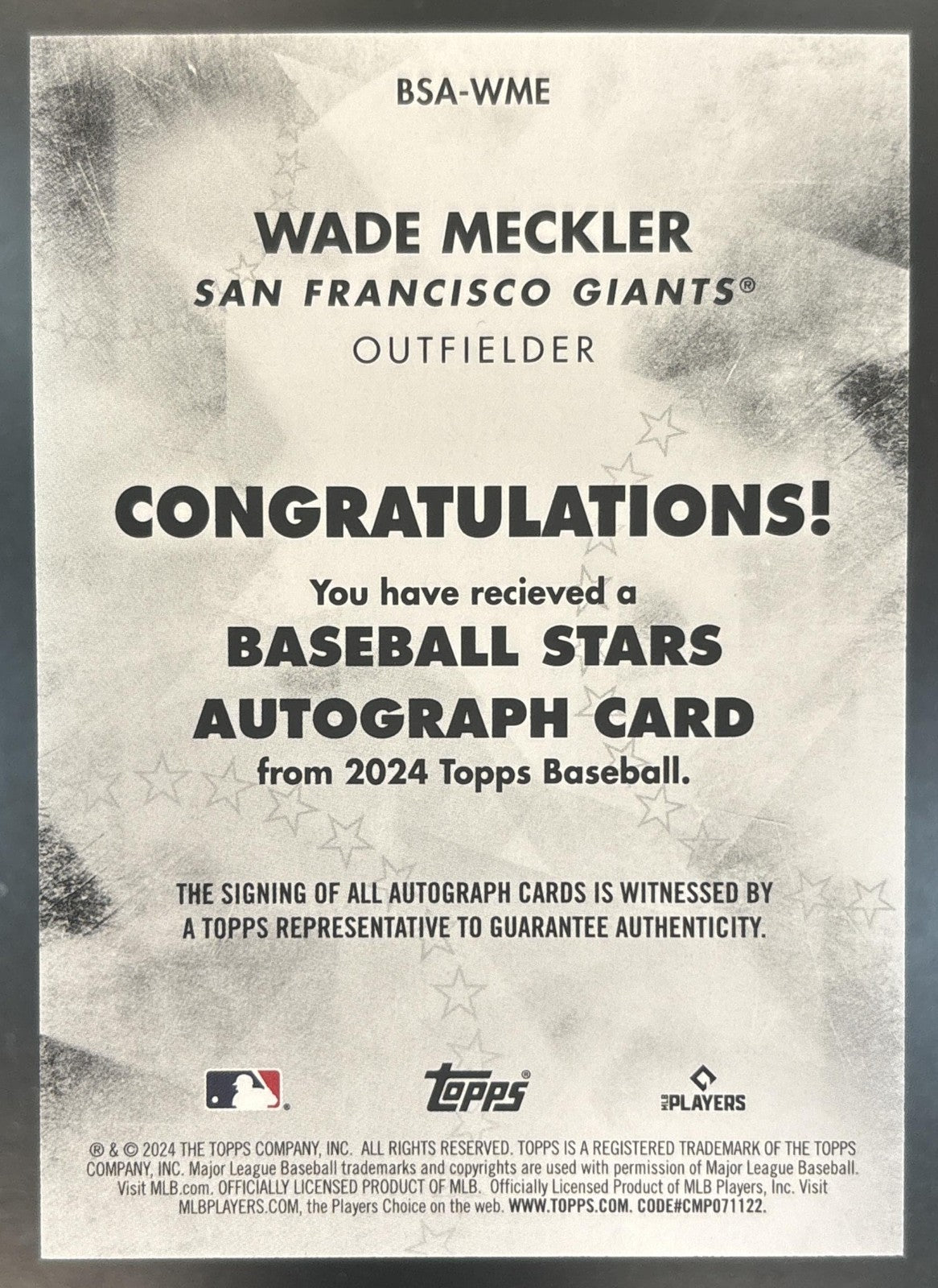 2024 Topps Wade Meckler Baseball Stars Auto RC San Francisco Giants