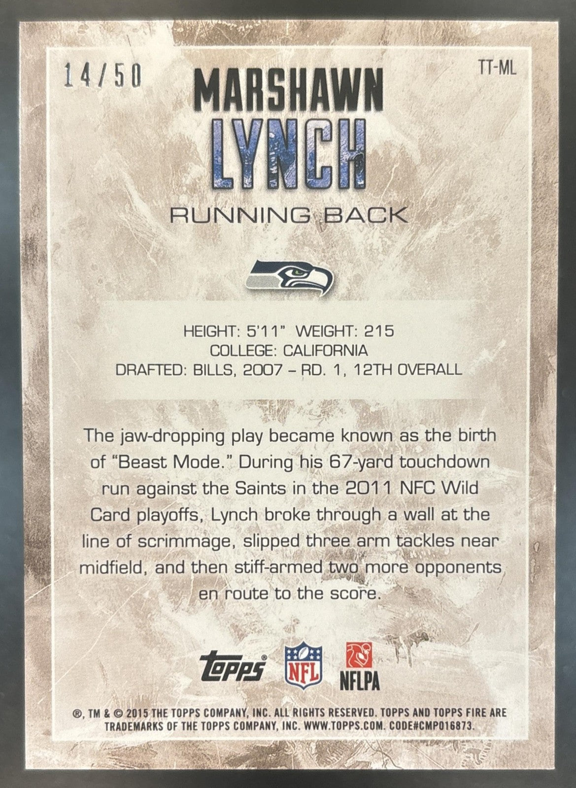 2015 Topps Fire Marshawn Lynch Transcendent Touchdowns Purple /50 Seahawks