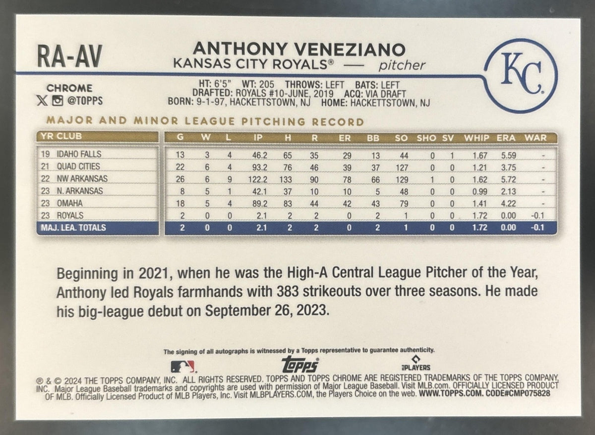 2024 Topps Chrome Anthony Veneziano Rookie Auto #RA-AV RC Kansas City Royals